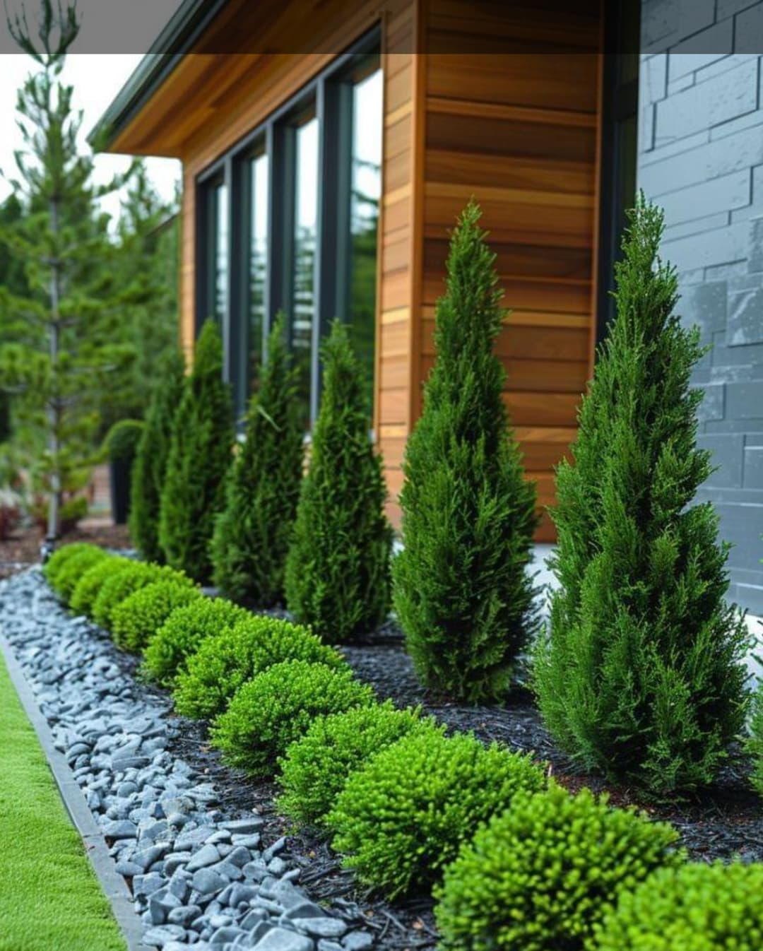 Lush green shrubs and tall conifers line a modern home’s landscaped garden.