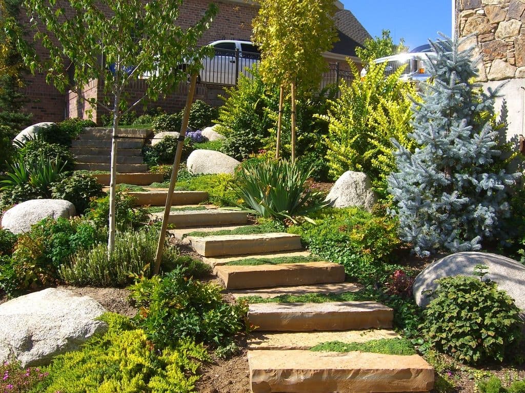 Lush garden with stone steps, vibrant plants, and decorative rocks under a clear blue sky.