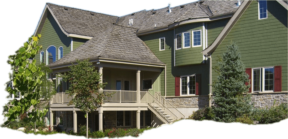 Green residential house with a porch, landscaped yard, and stone accents. Modern architecture.